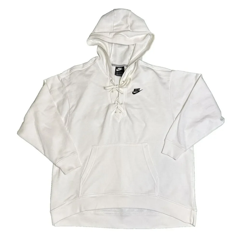 Nike Women's White Lace Up Hoodie Sweatshirt Size Large 100% Cotton Pullover